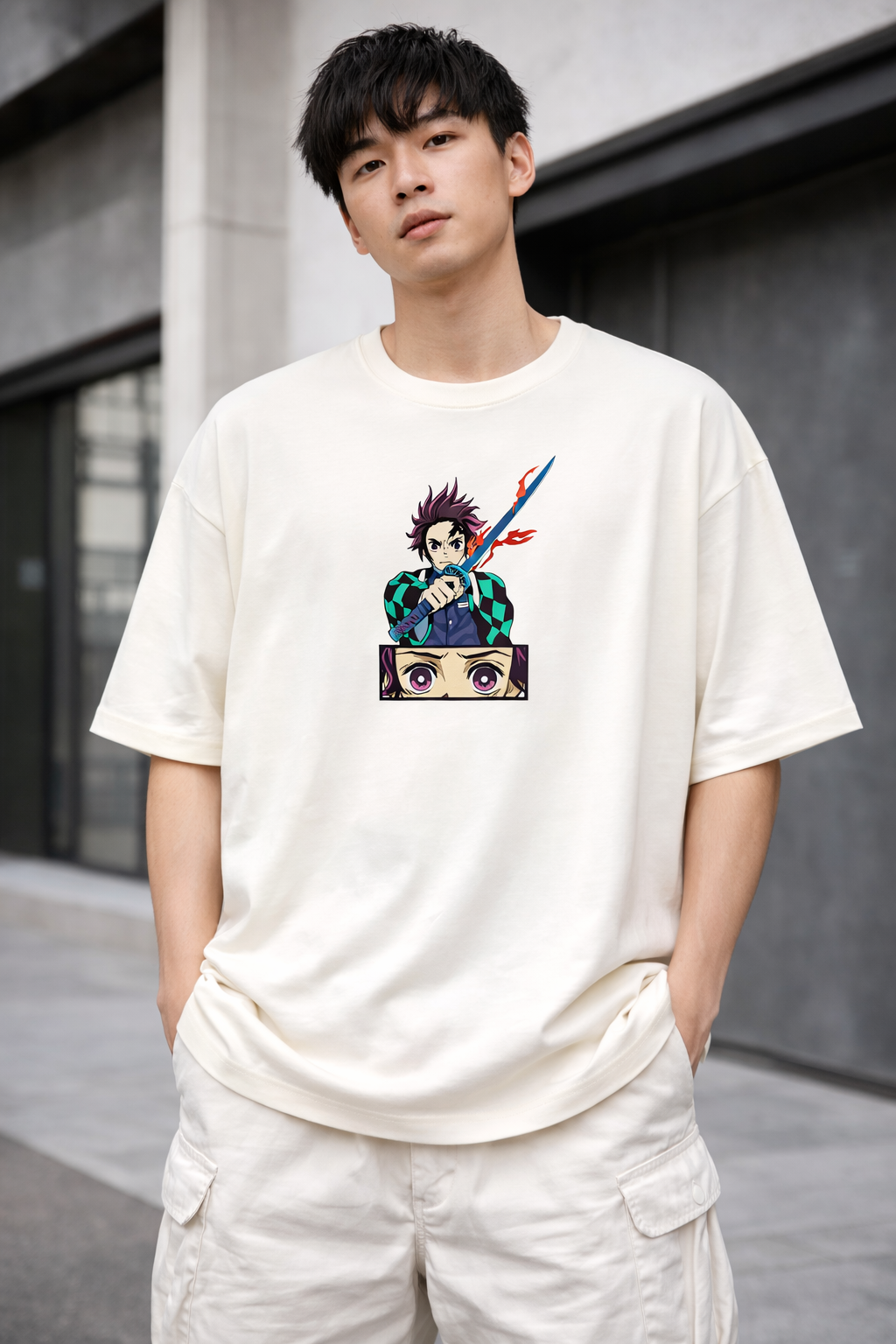 Anime Tanjiro Oversized T-Shirt – Off-White | Premium Anime Streetwear